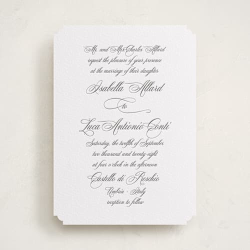 This is a soft black letterpress wedding invitations with letterpress by Benita Crandall called palazzo printing on white cotton in standard