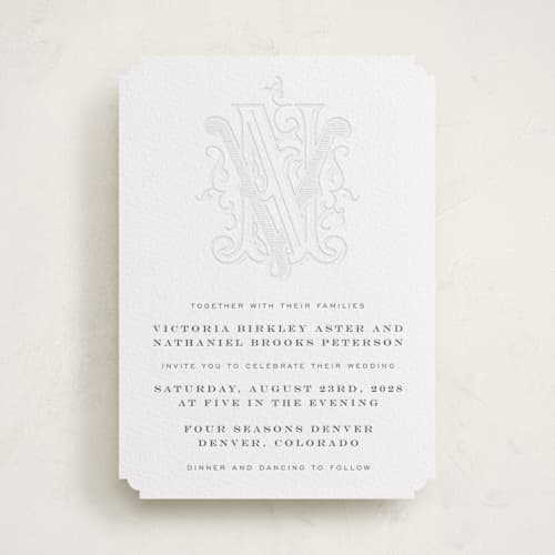This is a soft black letterpress wedding invitations with letterpress by Jenna Holcomb called classically printing on white cotton in standard