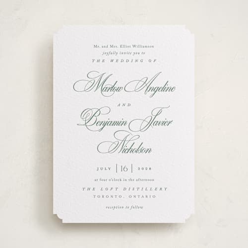This is a evergreen letterpress wedding invitations with letterpress by Kelly Schmidt called chic script printing on white cotton in standard