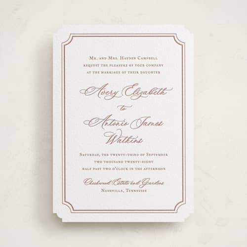 This is a cinnamon letterpress wedding invitations with letterpress by Jennifer Postorino called avery printing on white cotton in standard