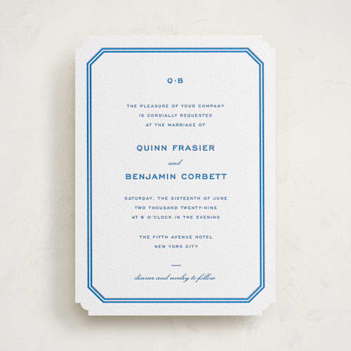 This is a mediterranean letterpress wedding invitations with letterpress by Megan Davis called brasserie printing on white cotton in standard