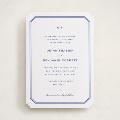 This is a mediterranean letterpress wedding invitations with letterpress by Megan Davis called brasserie printing on white cotton in standard