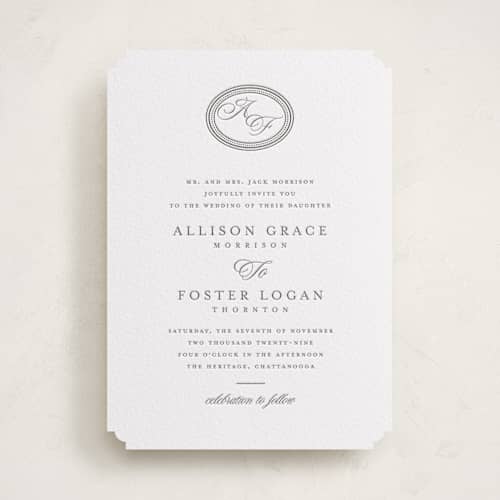 This is a graphite letterpress wedding invitations with letterpress by Jessica Williams called haverly printing on luxe white cotton in standard