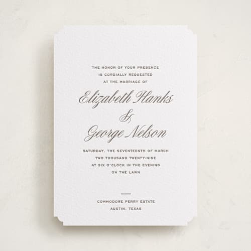 This is a cacao bean letterpress wedding invitations with letterpress by Megan Davis called basque printing on white cotton in standard