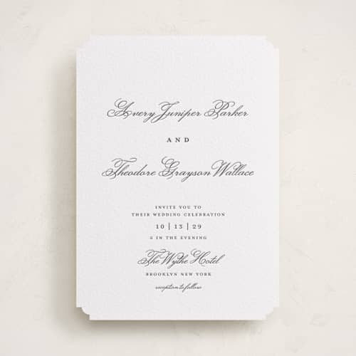 This is a soft black letterpress wedding invitations with letterpress by Kelly Watkins called bliss printing on white cotton in standard