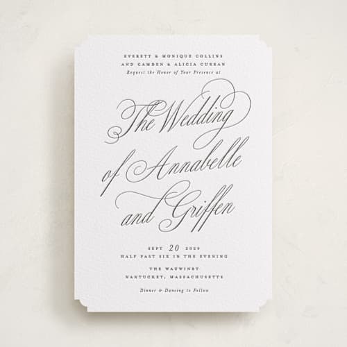 This is a soft black letterpress wedding invitations with letterpress by Susan Zinader called romantic script printing on white cotton in standard