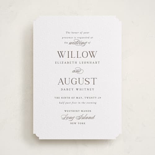 This is a cacao bean letterpress wedding invitations with letterpress by Snow and Ivy called willow printing on white cotton in standard