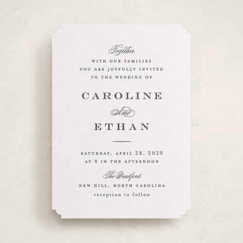 This is a soft black letterpress wedding invitations with letterpress by Carolyn MacLaren called proper printing on white cotton in standard