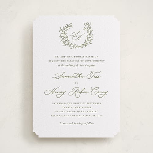 This is a artichoke letterpress wedding invitations with letterpress by Katherine Moynagh called garden script printing on white cotton in standard