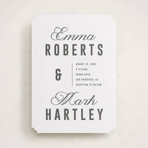 This is a soft black letterpress wedding invitations with letterpress by Sumak Studio called bold & elegant printing on white cotton in standard