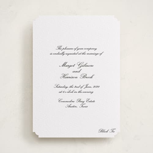 This is a soft black letterpress wedding invitations with letterpress by Megan Davis called cornelia printing on white cotton in standard