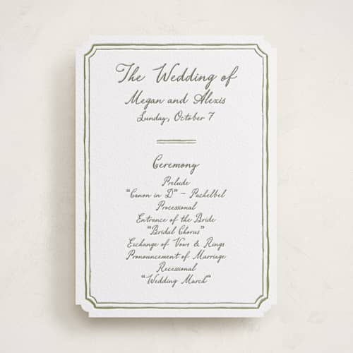 This is a artichoke unique wedding programs with letterpress by Cass Loh called handwritten printing on white cotton in standard