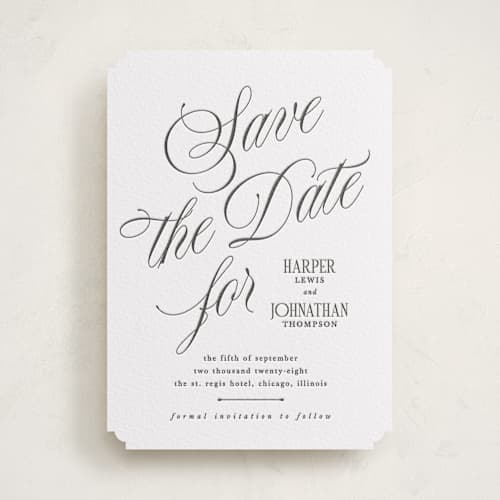 This is a soft black save the date with letterpress by Kate Ahn called mirin printing on white cotton in standard