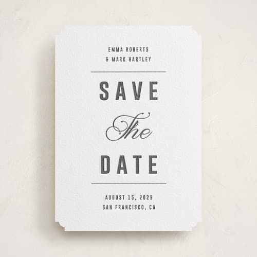 This is a soft black save the date with letterpress by Sumak Studio called bold & elegant printing on white cotton in standard