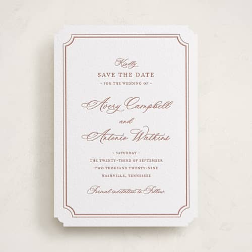 This is a cinnamon save the date with letterpress by Jennifer Postorino called avery printing on white cotton in standard