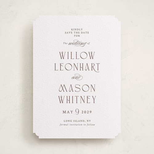 This is a burnt sienna save the date with letterpress by Snow and Ivy called willow printing on white cotton in standard