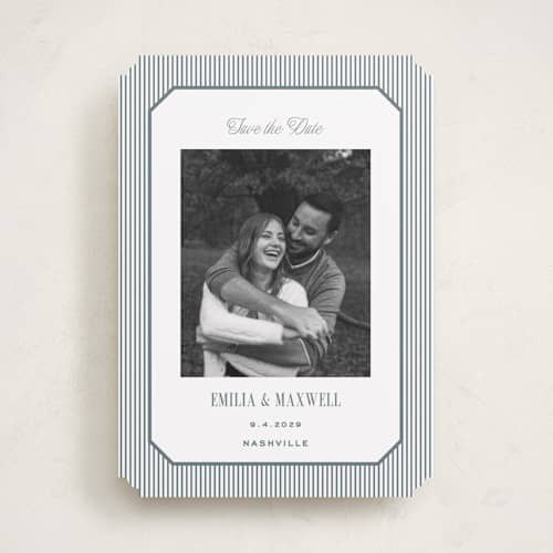 This is a capri save the date with standard by Emily Betts called modern stripes printing on recycled smooth signature in standard