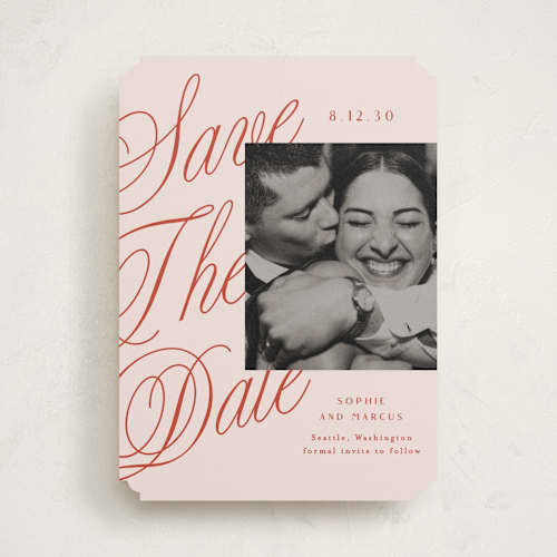 This is a cherry save the date with standard by Alethea and Ruth called script overlay printing on recycled smooth signature in standard