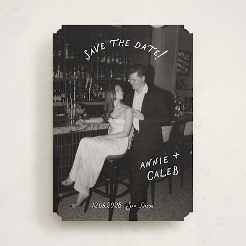 This is a ivory save the date with standard by Stephanie Heinrich Godbout called lovers printing on recycled smooth signature in standard