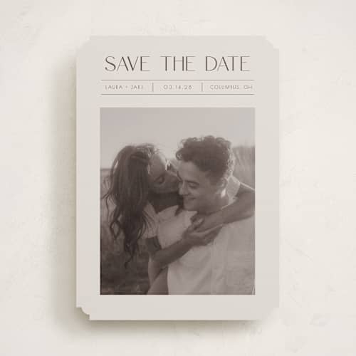 This is a mist save the date with standard by Christy Hy Lee called you and me printing on recycled smooth signature in standard