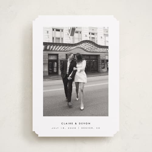 This is a silk save the date with standard by Kelly Schmidt called framed minimalist printing on recycled smooth signature in standard