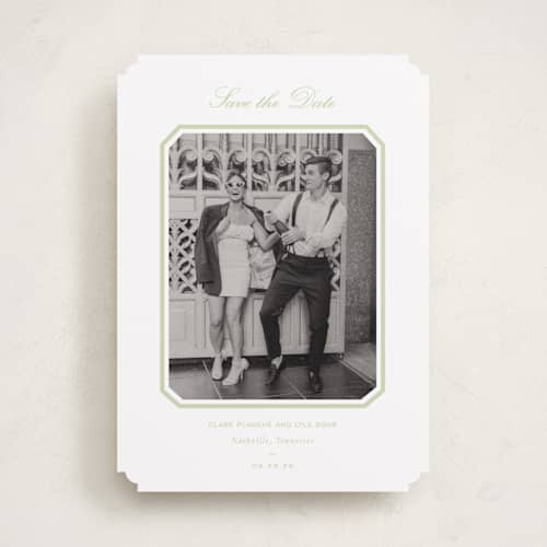 This is a mint save the date with standard by Sara Hicks Malone called montgomery printing on recycled smooth signature in standard