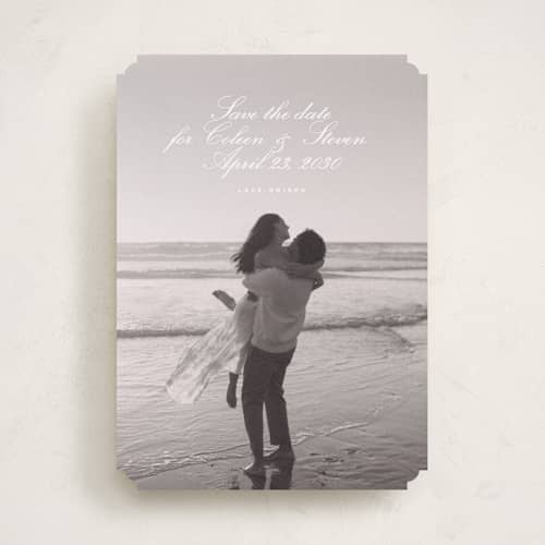 This is a ice save the date with standard by chocomocacino called wakayu printing on recycled smooth signature in standard