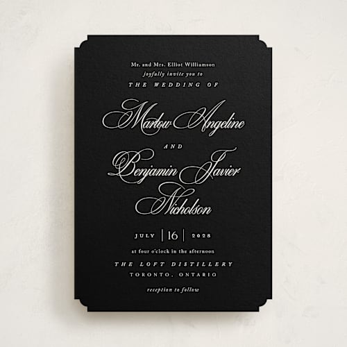 This is a midnight wedding invitations with standard by Kelly Schmidt called chic script printing on signature in standard