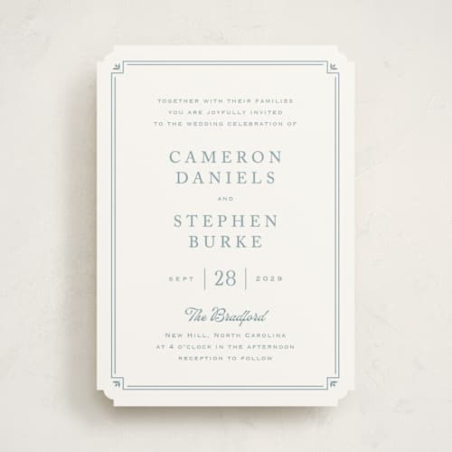 This is a french blue wedding invitations with standard by Carolyn MacLaren called fleur corner printing on signature in standard