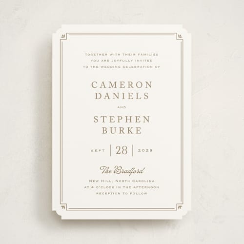 This is a golden wedding invitations with standard by Carolyn MacLaren called fleur corner printing on signature in standard