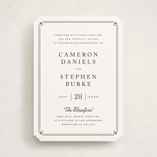 This is a tuxedo wedding invitations with standard by Carolyn MacLaren called fleur corner printing on signature in standard