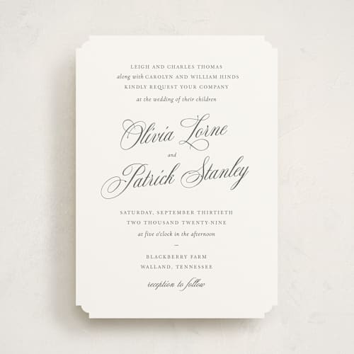 This is a cream wedding invitations with standard by Sara Hicks Malone called belle meade printing on signature in standard