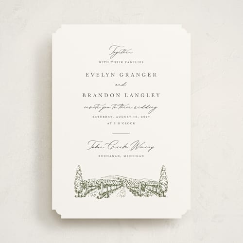 This is a olive wedding invitations with standard by Sarah Brown called vineyard printing on signature in standard