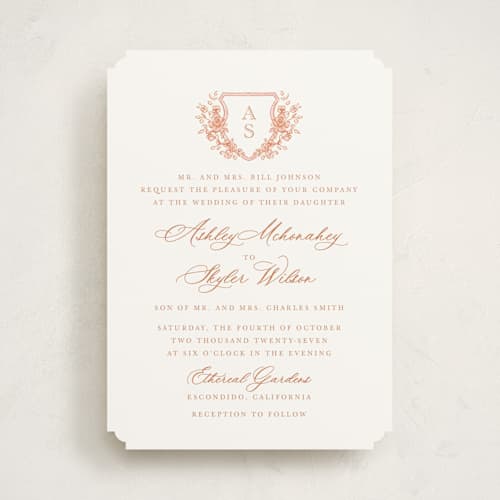 This is a coral wedding invitations with standard by Cass Loh called watercolor flowers crest printing on signature in standard