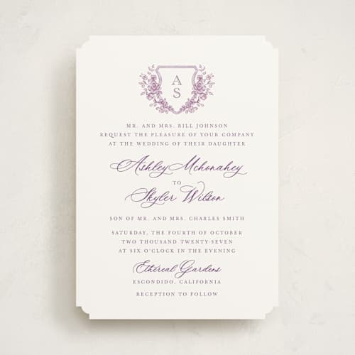 This is a lavender wedding invitations with standard by Cass Loh called watercolor flowers crest printing on signature in standard