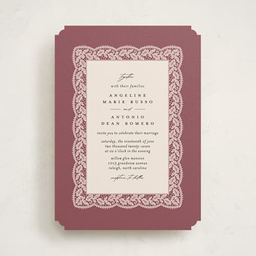 This is a mauve wedding invitations with standard by Erica Krystek called chantilly printing on signature in standard