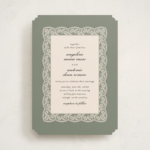 This is a sage wedding invitations with standard by Erica Krystek called chantilly printing on signature in standard