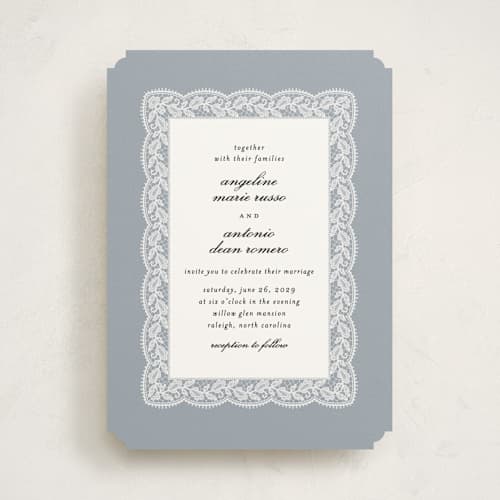 This is a dusty blue wedding invitations with standard by Erica Krystek called chantilly printing on signature in standard