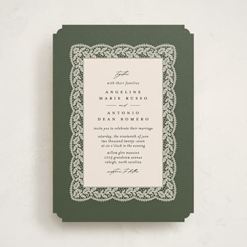 This is a olive wedding invitations with standard by Erica Krystek called chantilly printing on signature in standard