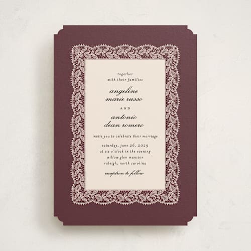 This is a burgundy wedding invitations with standard by Erica Krystek called chantilly printing on signature in standard