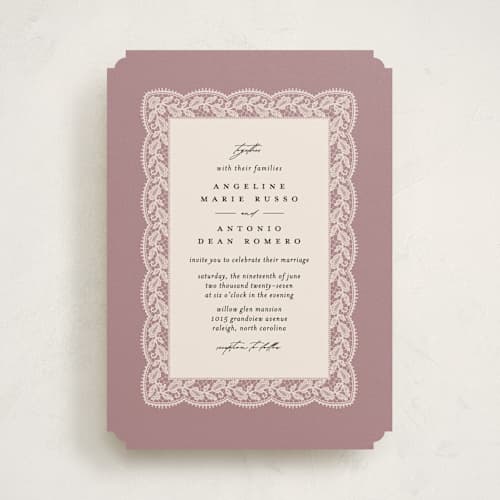 This is a dusty rose wedding invitations with standard by Erica Krystek called chantilly printing on signature in standard