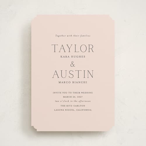This is a blush wedding invitations with standard by Vanessa Doyle called in love printing on signature in standard