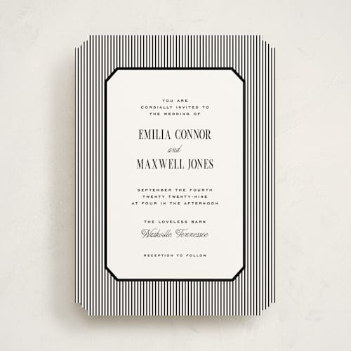 This is a noir wedding invitations with standard by Emily Betts called modern stripes printing on signature in standard