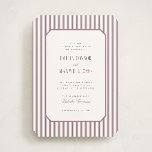 This is a mauve wedding invitations with standard by Emily Betts called modern stripes printing on signature in standard