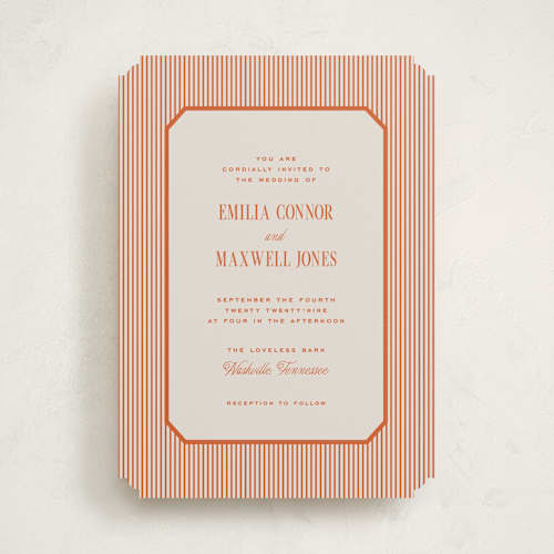 This is a apricot wedding invitations with standard by Emily Betts called modern stripes printing on signature in standard