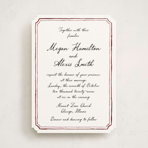 This is a wine wedding invitations with standard by Cass Loh called handwritten printing on signature in standard