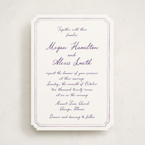 This is a lavender wedding invitations with standard by Cass Loh called handwritten printing on signature in standard
