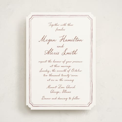 This is a rosewood wedding invitations with standard by Cass Loh called handwritten printing on signature in standard