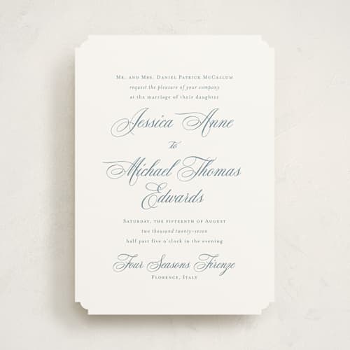 This is a dusty blue wedding invitations with standard by Jennifer Postorino called empire printing on signature in standard