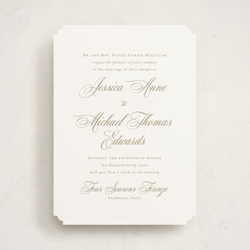 This is a champagne wedding invitations with standard by Jennifer Postorino called empire printing on signature in standard